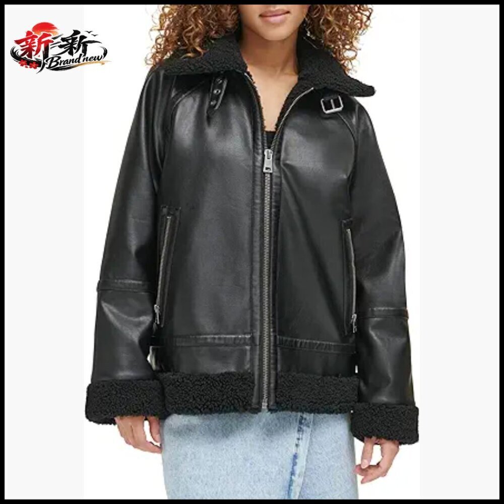 Faux Leather Relaxed Aviator Jacket with Sherpa Interior